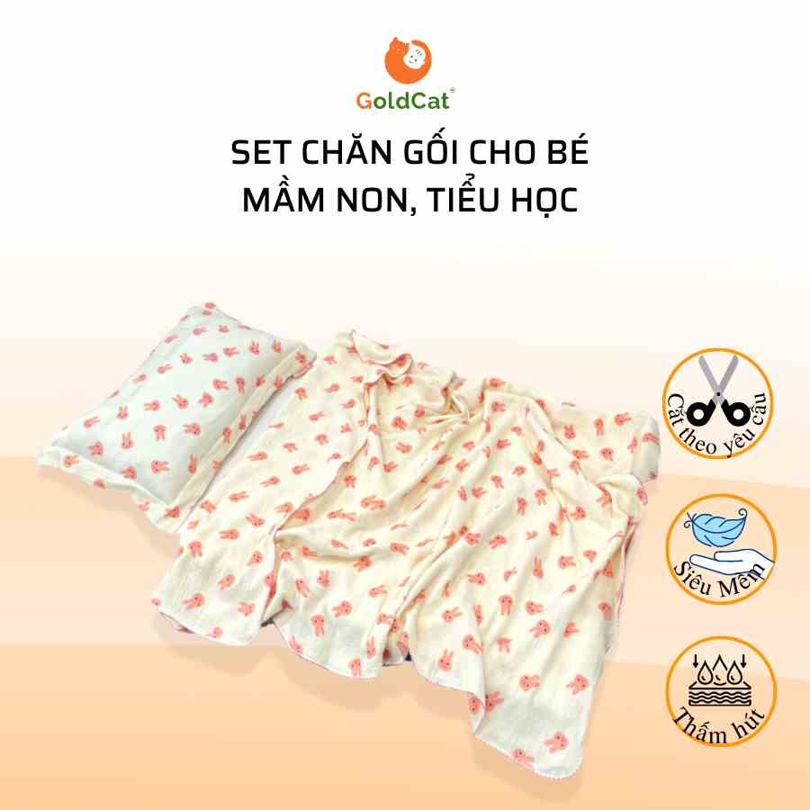 Sét chăn gối cho bé đi học mầm non, tiểu học GOLDCAT chất liệu muslin siêu mềm, thoáng cho làn da bé