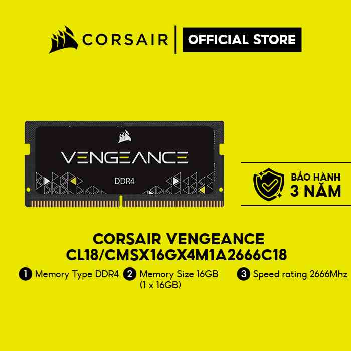 [Mã ELCL7 giảm 7% đơn 300K] Bộ nhớ trong Corsair cho laptop DDR4 2666MHz 16GB SODIMM, CL18/CMSX16GX4M1A2666C18