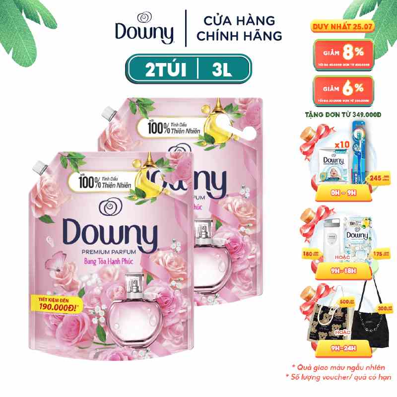 Combo 2 Túi Nước Xả Vải Downy Tinh Dầu Nước Hoa Cao Cấp Hương Bung Tỏa Hạnh Phúc 3L/túi