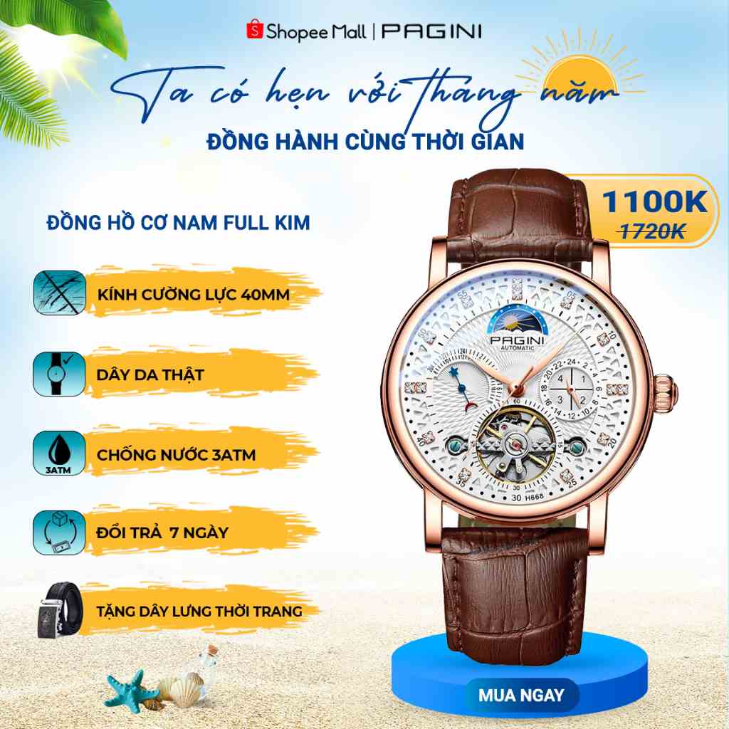 Đồng Hồ Cơ Nam Pagini PA9989 Chạy Full Kim Size 42mm Chống Nước 3atm