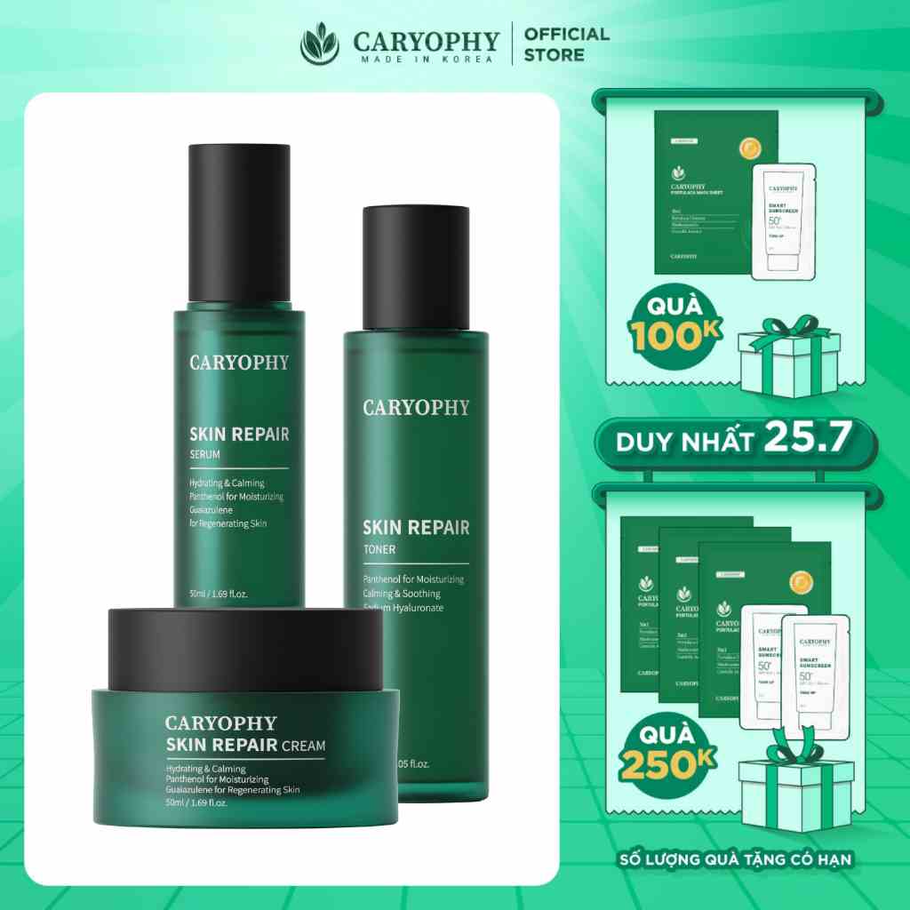 Trọn bộ Caryophy Skin Repair dưỡng phục hồi da nước hoa hồng- serum- kem dưỡng