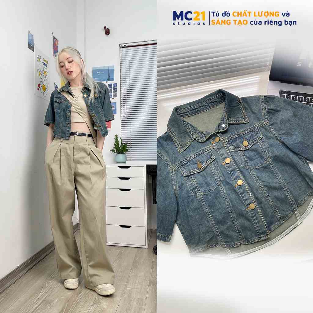 Áo sơ mi jean MC21.STUDIOS dáng croptop Ulzzang Streetwear Hàn Quốc form rộng t-shirt somi chất denim bò xịn A3634