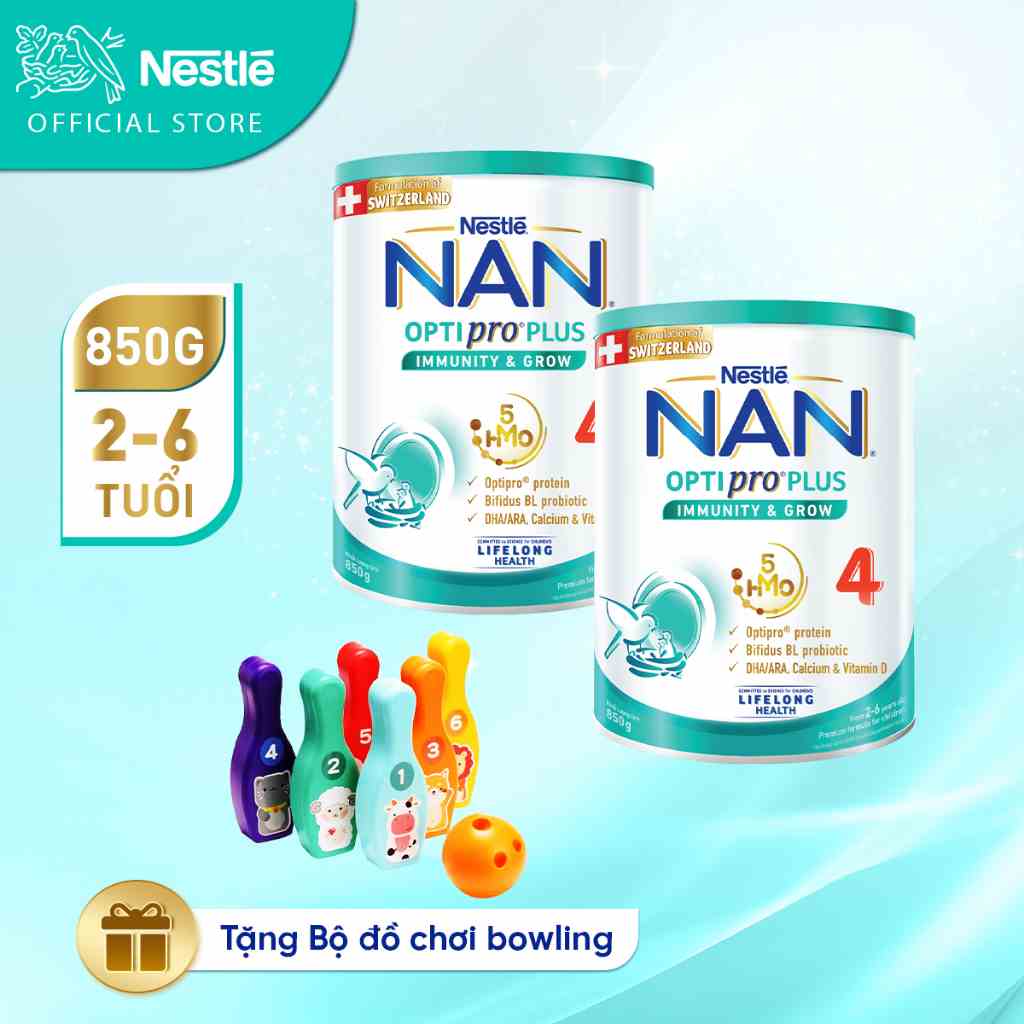 [Tặng Bộ đồ chơi bowling] Combo 2 lon Sữa bột công thức Nestlé NAN OPTIPRO PLUS 4 850g/lon với 5HMO Hỗ trợ Đề Kháng