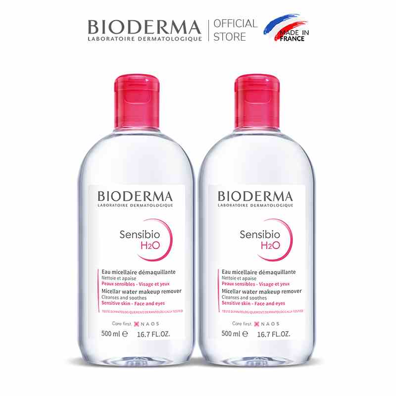 Bộ đôi dung dịch làm sạch và tẩy trang Micellar cho da thường và da nhạy cảm Bioderma Sensibio H2O - 500mlx2