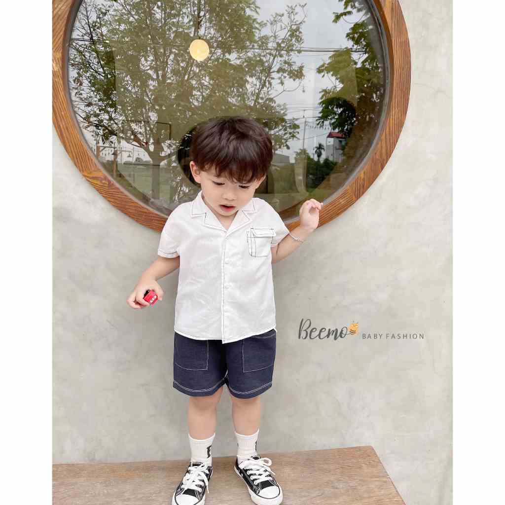 Set bộ sơ mi Beemo cộc tay cổ ve may chỉ nổi chất liệu áo thô, quần da cá giả bò mềm mại mặc hè cho bé 1 - 7 tuổi 23057B