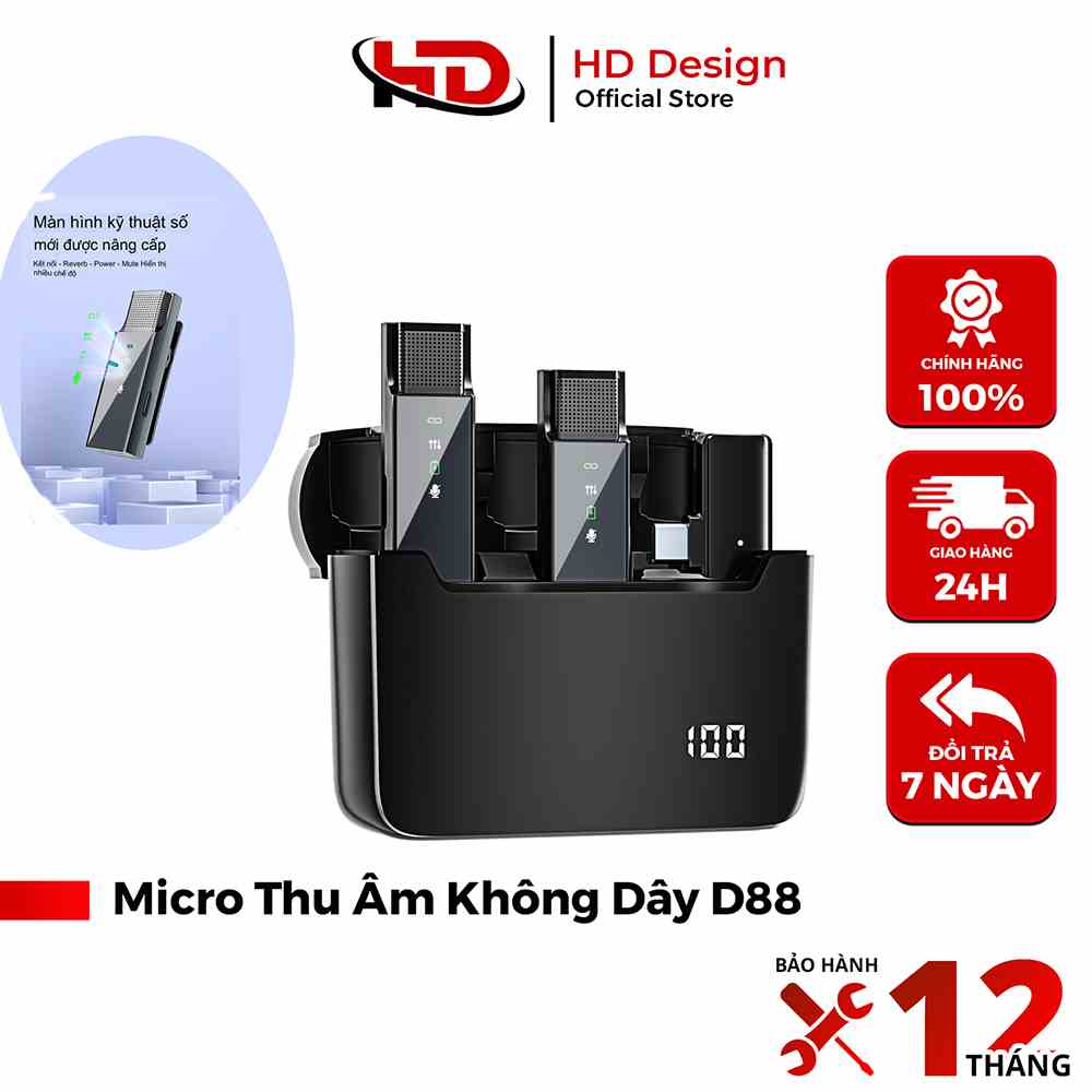 Micro Thu Âm Không Dây Cài Áo Kèm Dock Sạc D88 - Khử Tiếng Ồn Cực Tốt - Màn Hình Led Hiển Thị - Chính Hãng HD Design