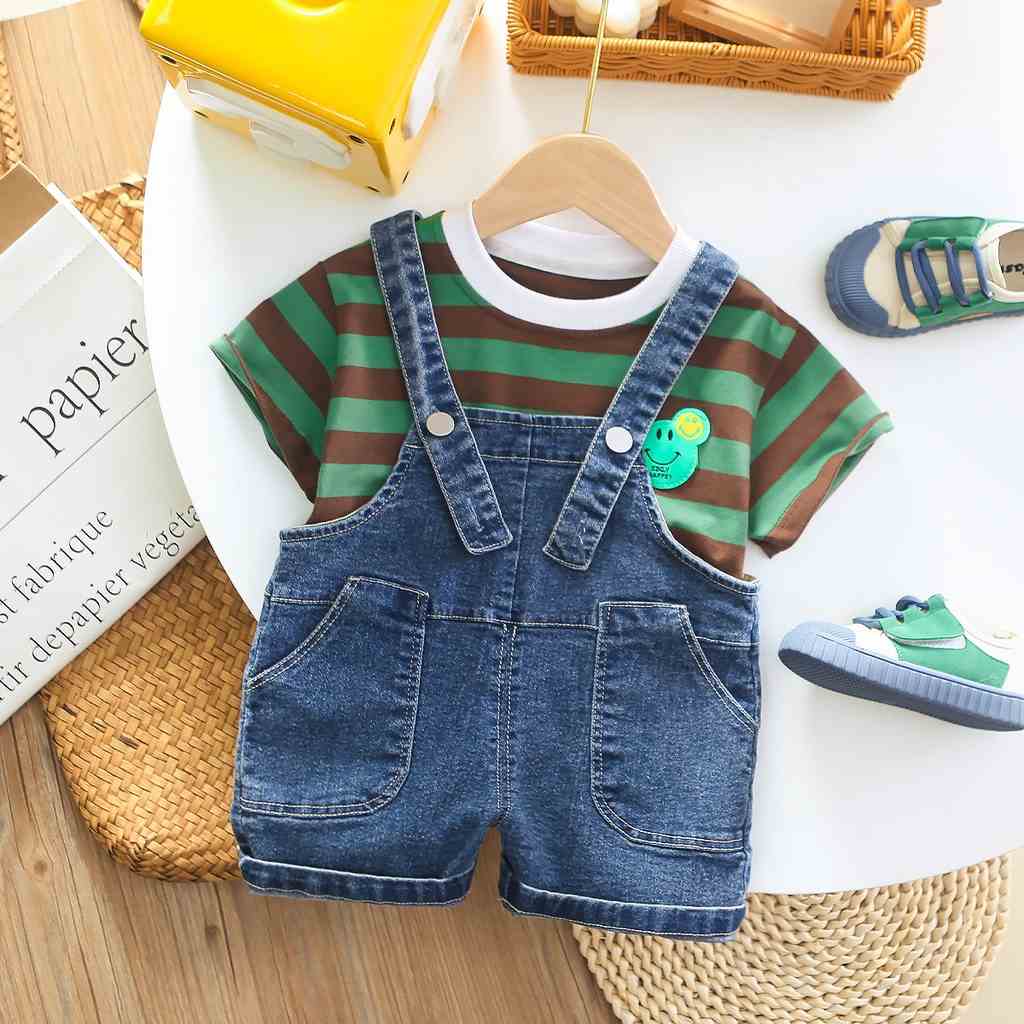 Bộ yếm quần jean với áo thun sọc cho bé trai từ 12 3 4 5 tuổi Mints Closet MINTSCLOSET - YE5119