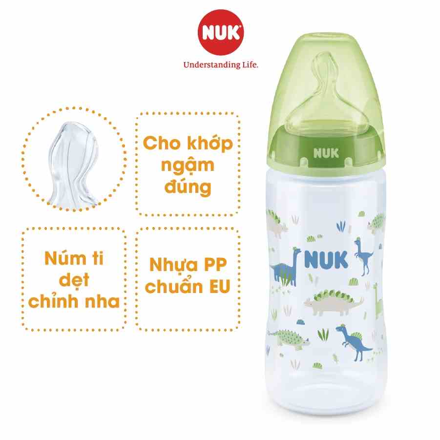 Bình sữa chống sặc NUK nhựa PP cao cấp chuẩn EU núm ti silicone chỉnh nha 300ml