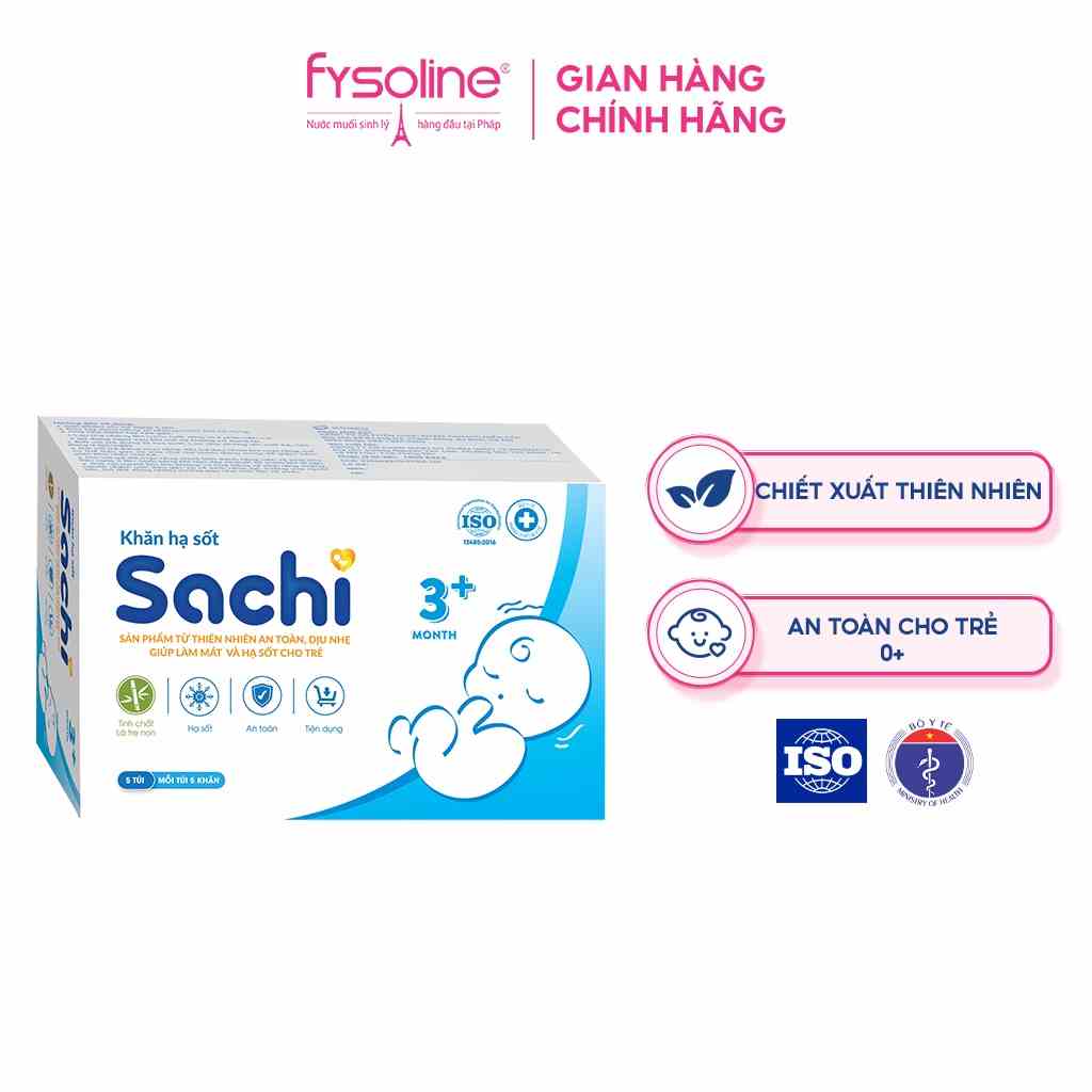 Khăn lau hạ sốt SACHI 3+ giúp hạ nhiệt, giảm sốt, thành phần thiên nhiên an toàn cho trẻ sơ sinh từ 3 tháng tuổi