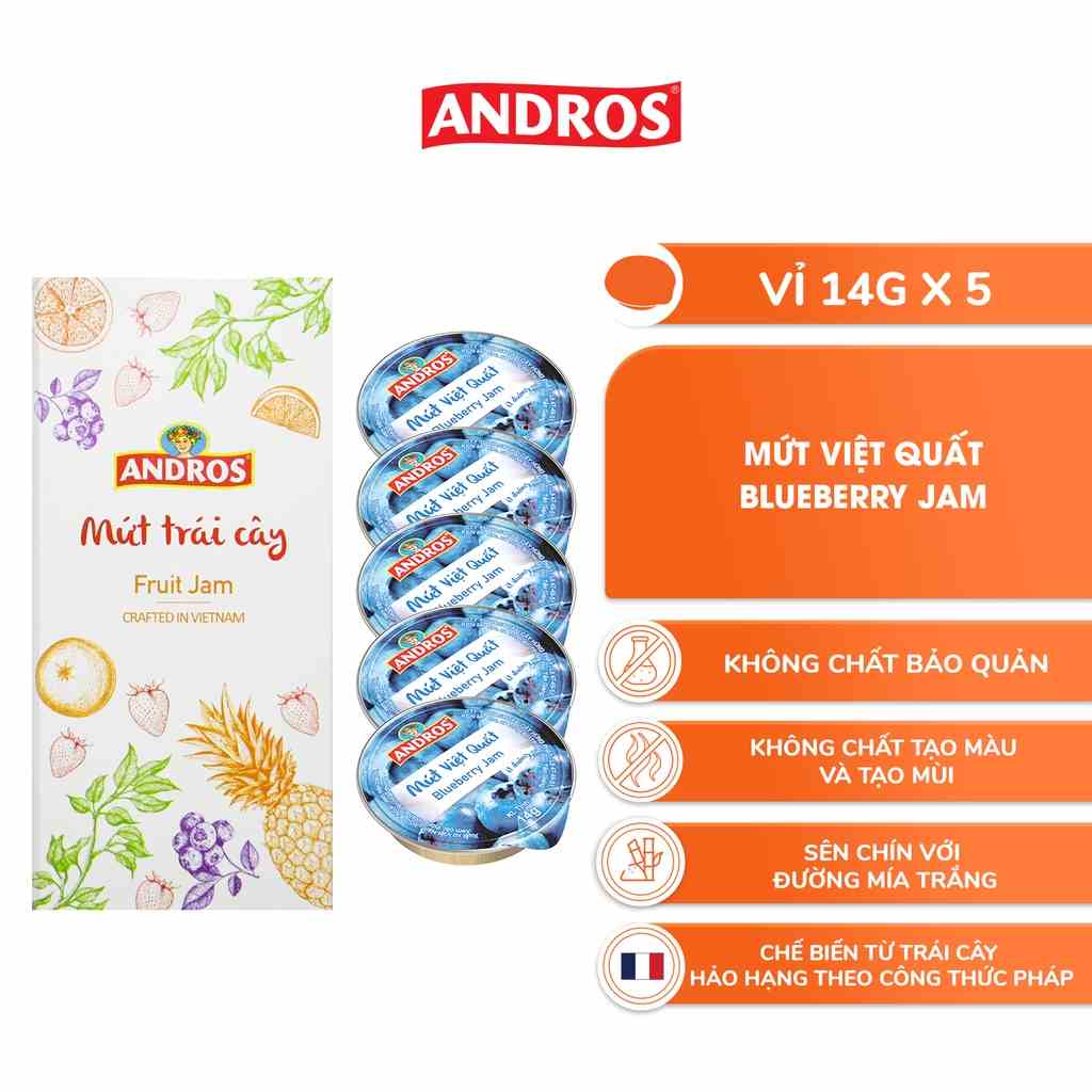 Hộp 5 Vỉ Mứt Việt Quất ANDROS - Không Chất Bảo Quản - Vỉ 14g x 5