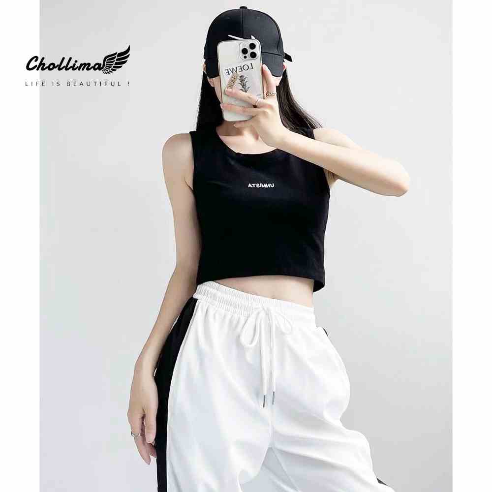 Áo thun croptop ba lỗ Chollima thêu chữ chất vãi dày dặn co giãn 4 chiều AT458