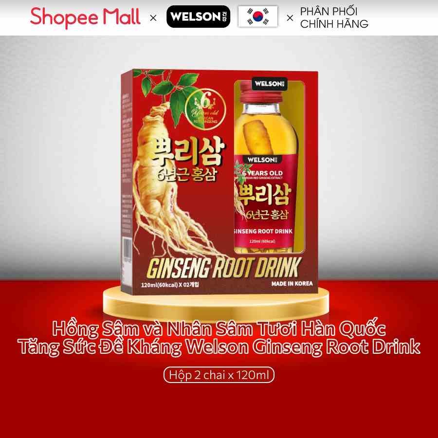 Hồng Sâm và Nhân Sâm Tươi Hàn Quốc Tăng Sức Đề Kháng Welson Ginseng Root Drink hộp 2 chai x 120ml