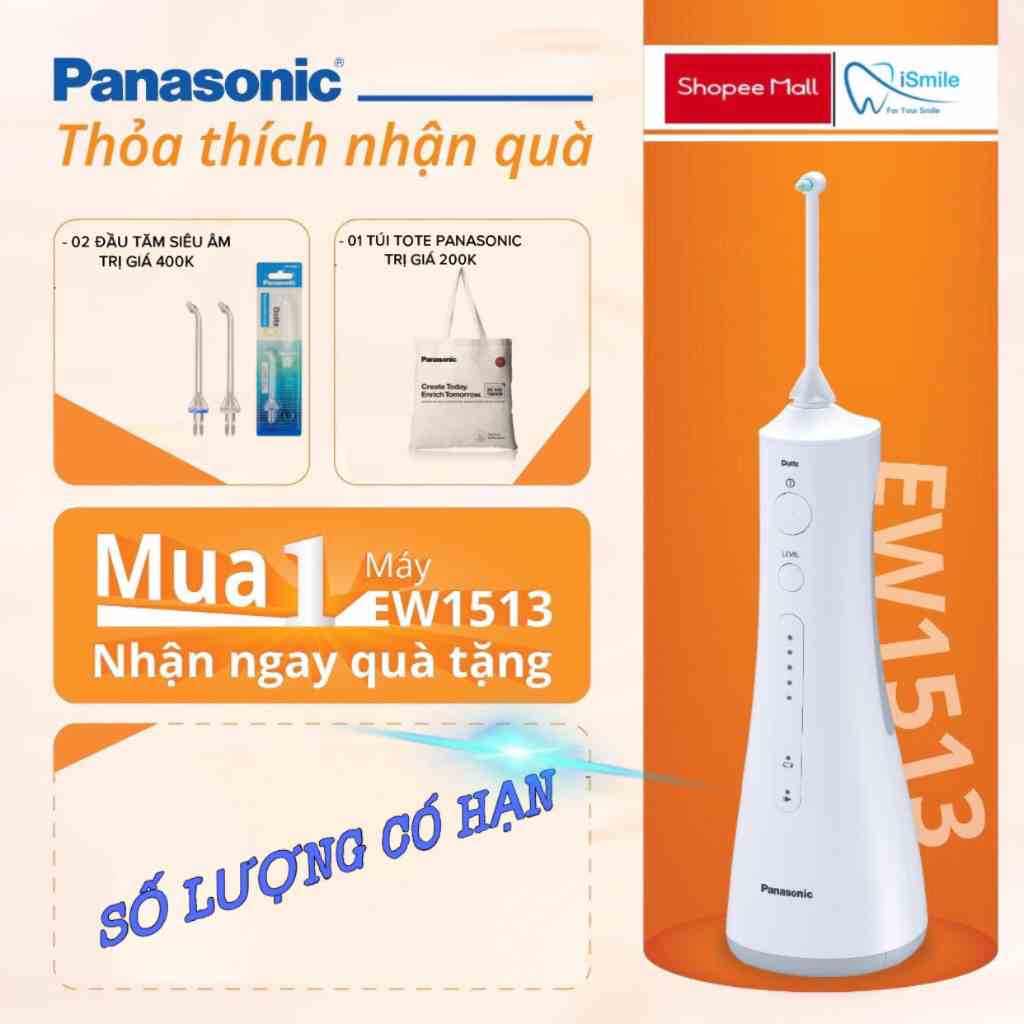 Máy Tăm Nước Panasonic EW1513 - Thế Hệ Mới - Bảo Hành Chính Hãng - Công Nghệ Siêu Âm - Làm Sạch Răng Nướu, Chỉnh Nha