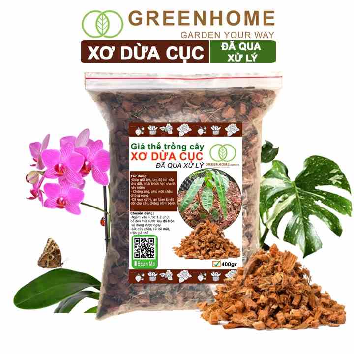 Xơ dừa cục đã qua xử lý Greenhome, size 1-2cm, bao 400gr, giá thể kiểng lá, phong lan