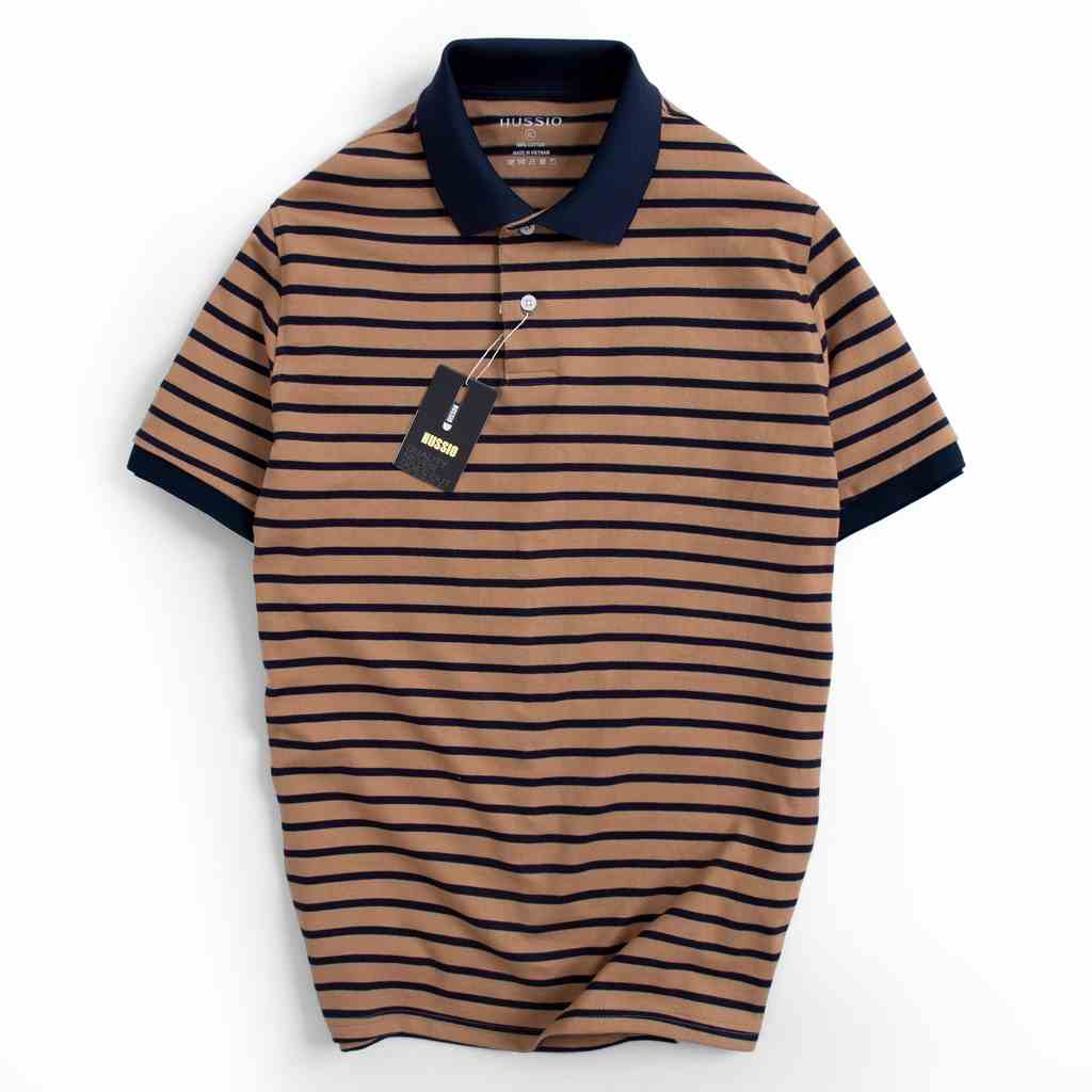 Áo Polo nam tay ngắn COFFEE STRIPED vải Cotton Single sọc trẻ trung, sang trọng, chuẩn form  - HUSSIO