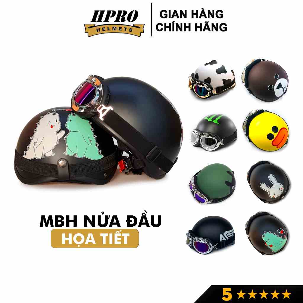 Mũ bảo hiểm nửa đầu Hpro Helmets HP01 nhiều họa tiết thời trang, cá tính, Freesize (55-59cm) kèm kính UV, phi công