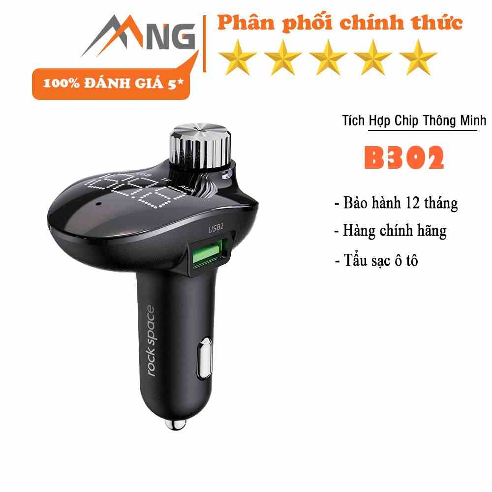 Tẩu sạc trên xe hơi kiêm đầu thu/ phát FM Rockspace B302 kết nối bluetooth hàng chính hãng bảo hành 12 tháng