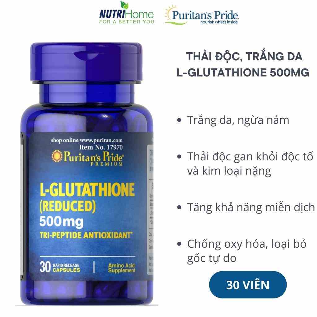 Viên uống trắng da, thải độc gan L-glutathione 500 mg Puritan’s Pride chống oxy hóa, loại bỏ gốc tự do (Nutri Home)