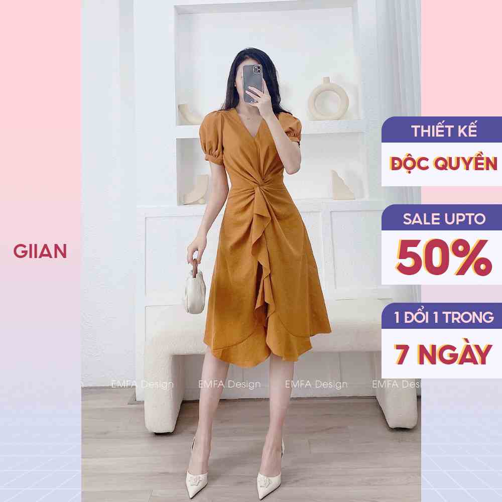 Váy đi biển đuôi cá tay bồng vải đũi xước thiết kế xẻ tà đan eo chính hãng Giian - GV2243CD