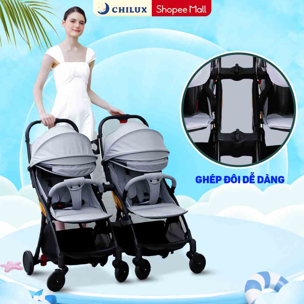 Xe đẩy đôi cho bé gấp gọn CHILUX D23 - Gồm 2 xe đẩy đơn D23 và bộ 3 thanh nối, bảo hành chính hãng 3 năm