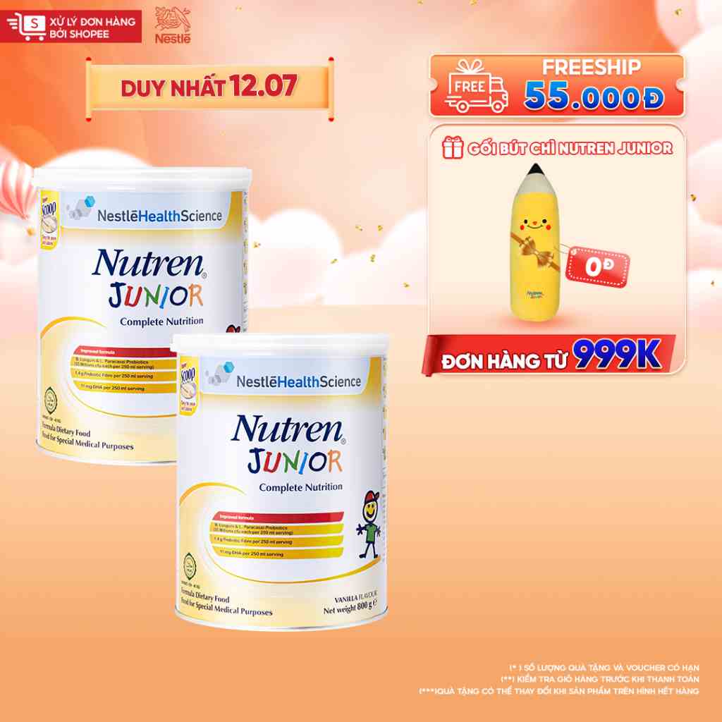 Combo 2 lon thực phẩm dinh dưỡng Nutren Junior Thụy Sĩ hỗ trợ tăng cân tiêu hóa tốt cho trẻ từ 1 đến 10 tuổi 800g/lon