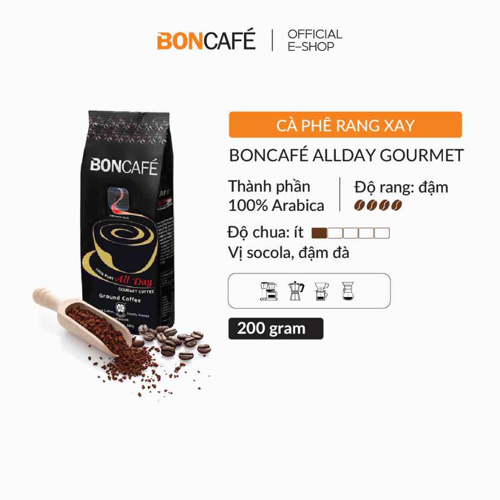 Cà phê rang xay nguyên chất Arabica rang đậm Boncafé Gourmet Allday 200g - Cà phê pha phin, espresso