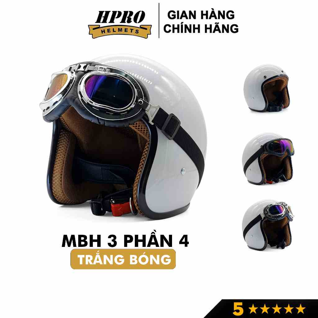 Mũ bảo hiểm 3/4 đầu Sundy Helmets, màu trắng bóng tinh khôi, hiện đại, kèm kính UV, phi công, Freesize (54-58cm)