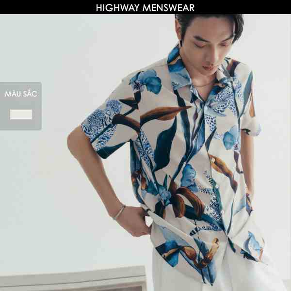 Áo sơ mi tay ngắn họa tiết mềm mịn Highway (Menswear) Flourish Blue