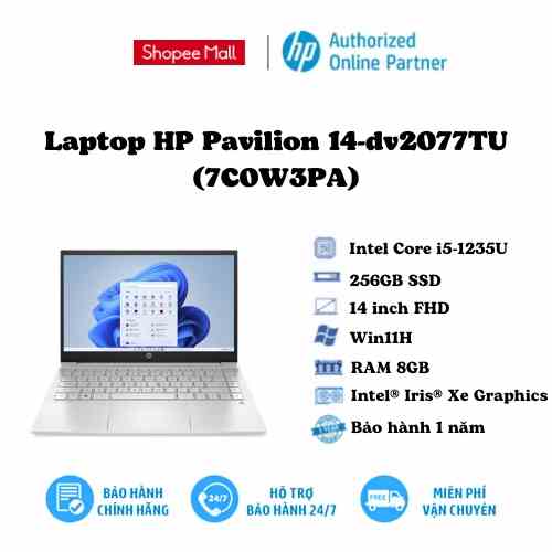 [Mã ELHP12 giảm 12% đơn 10TR] Laptop HP Pavilion 14-dv2077TU (7C0W3PA) Natural Silver I5-1235U(upto 4.4Ghz, 12MB)