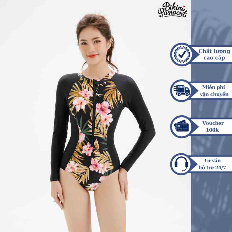 Đồ bơi Nữ BIKINI PASSPORT kiểu Một mảnh tay dài có khóa - màu Xanh rêu - BS126_MS