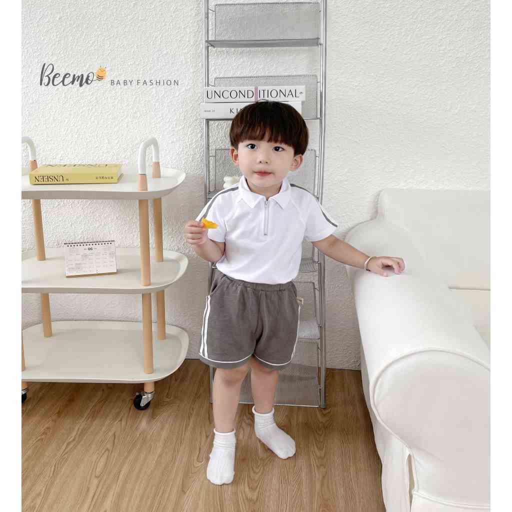 Set bộ quần áo bé trai Beemo kéo khoá in gấu FOUR sau lưng, mặc hè, vải cotton mát mẻ, co giãn 1 - 7 tuổi 23153B