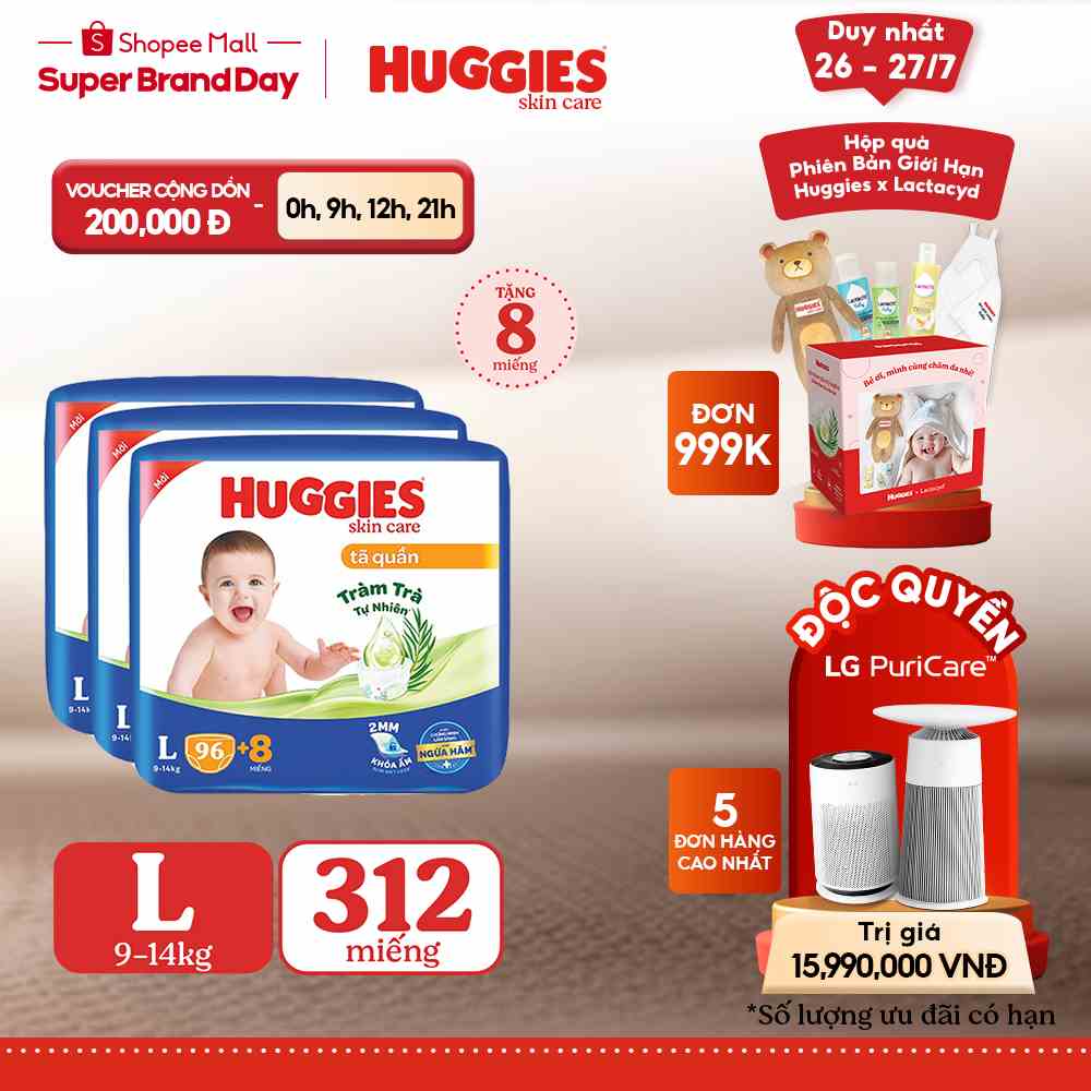 Combo 3 Tã quần Huggies Skincare Mega Jumbo M106/L96+8/XL84+4/XXL76+4