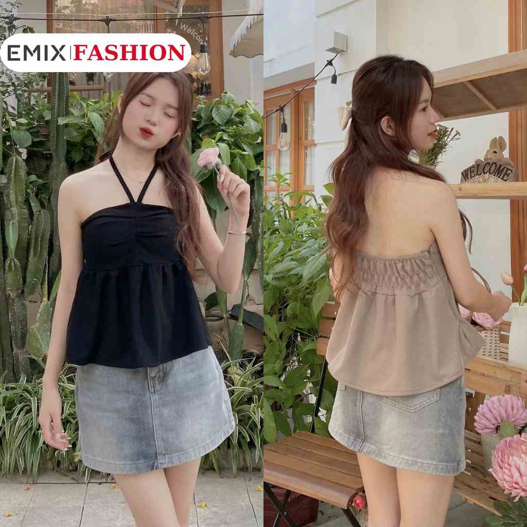 Áo 2 dây, áo quây cổ yếm EMIX, peplum kèm mút, dây kéo cạnh sườn, freesize dưới 55kg coyempeplum2251