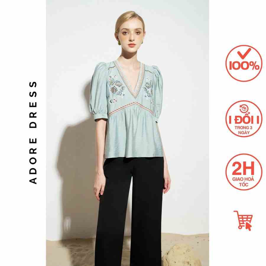 Áo sơ mi Tops official style giả đũi trơn blue thêu ngực 311TO1015 ADORE DRES