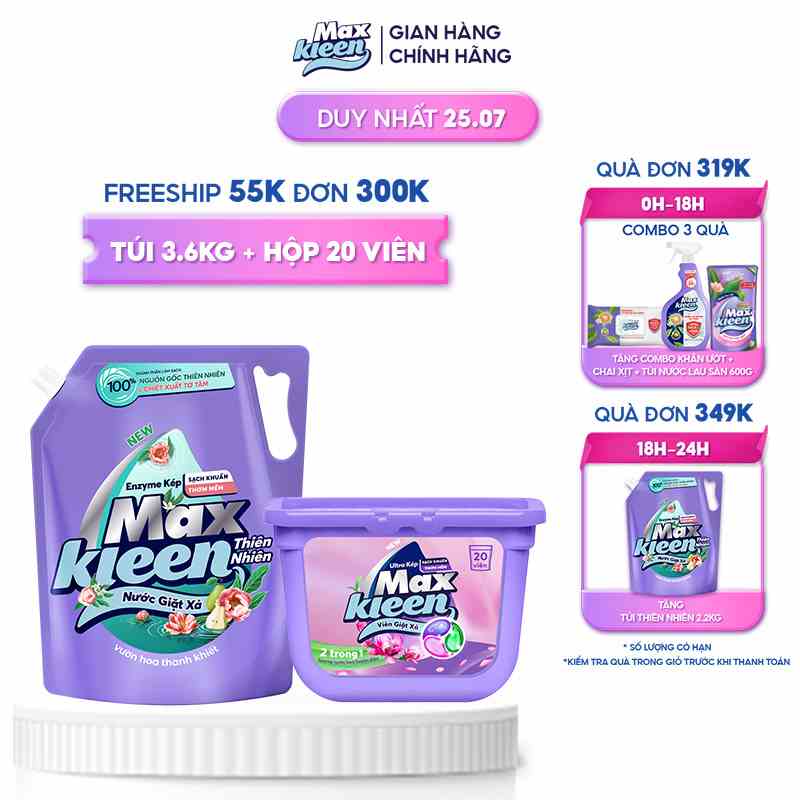 Combo Túi Nước Giặt Xả MaxKleen Thiên Nhiên 3.6kg + Hộp Viên Giặt Xả Huyền Diệu (20 viên/hộp)