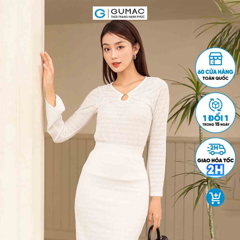 Set lẻ Áo kiểu phom slim tay loe GUMAC AD05033 - Chân váy midi thun phom suông VD05036