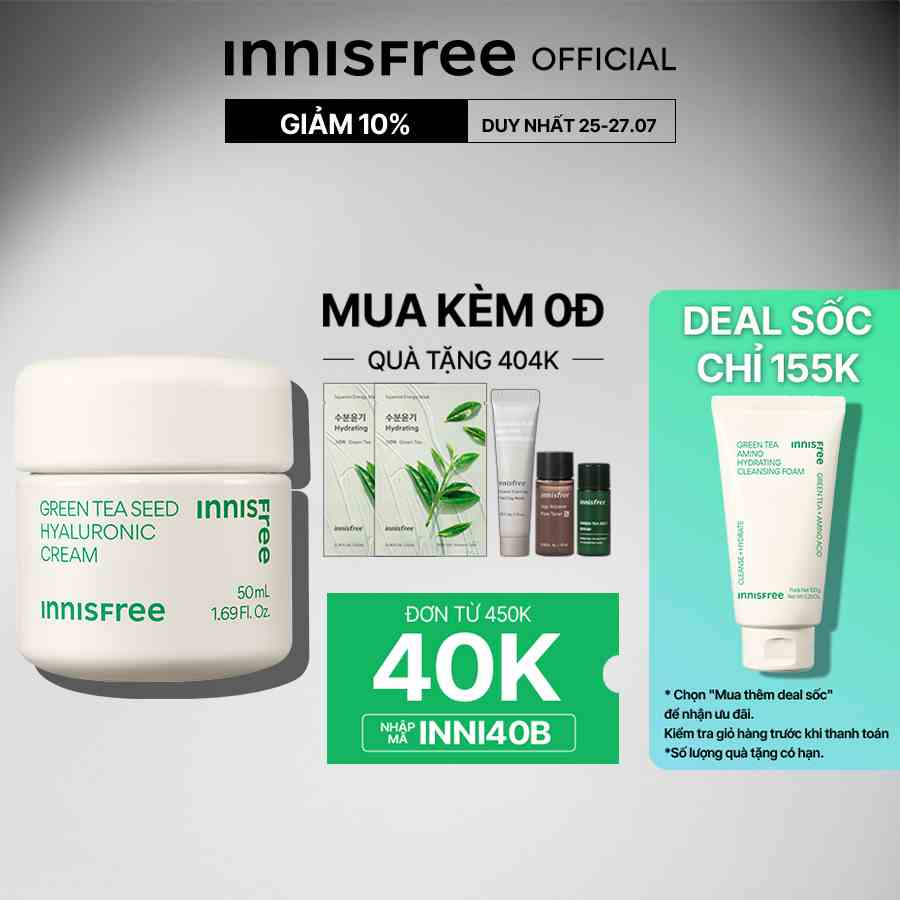 [Mã COSINNIJ - 8% đơn 250K] Kem dưỡng ẩm trà xanh innisfree Green Tea Seed Hyaluronic Cream 50ml