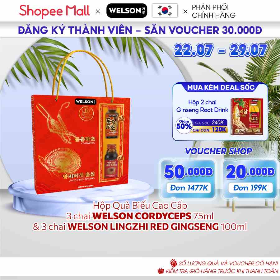 Hộp Quà Biếu Cao Cấp Tăng Cường Sức Khoẻ Welson Cordyceps 75ml & Welson Lingzhi 100ml