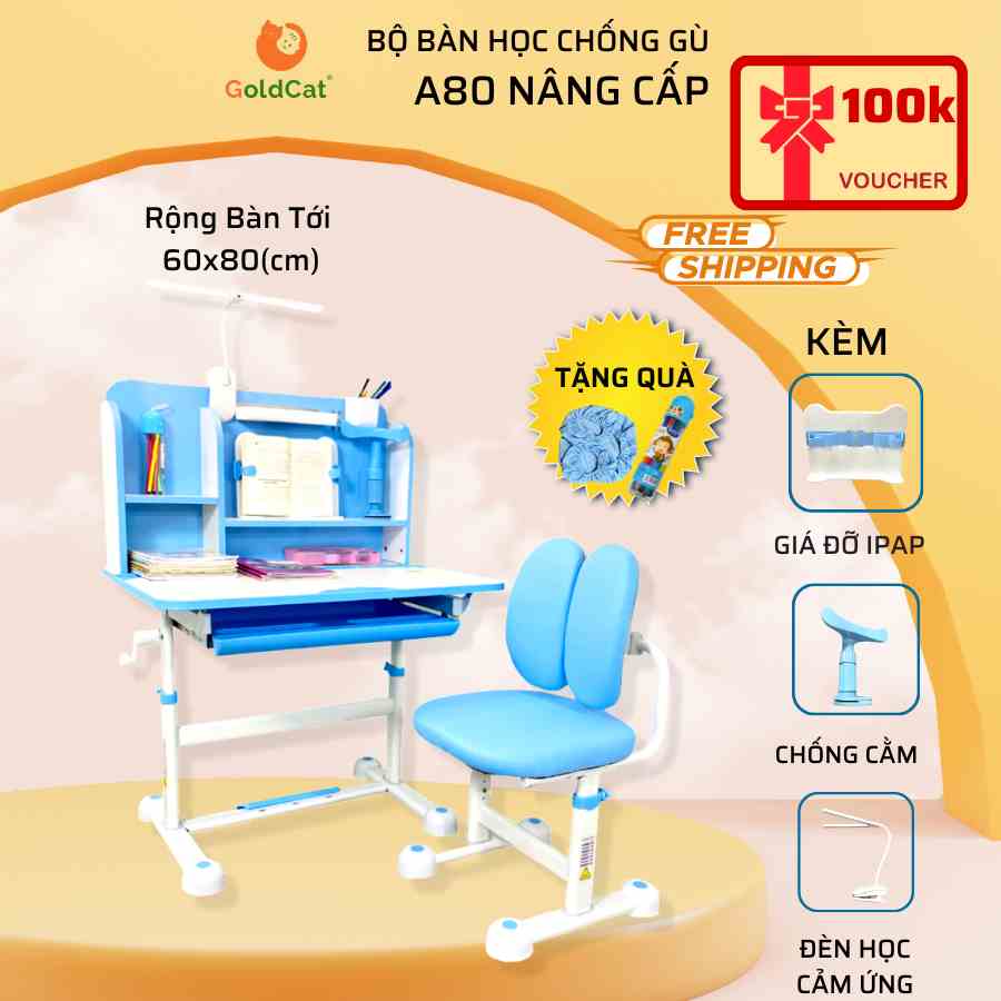 Bàn Ghế Học Sinh Thông Minh Chống Gù Chống Cận Cho Bé Kèm Giá Sách, Đèn Học Goldcat A80