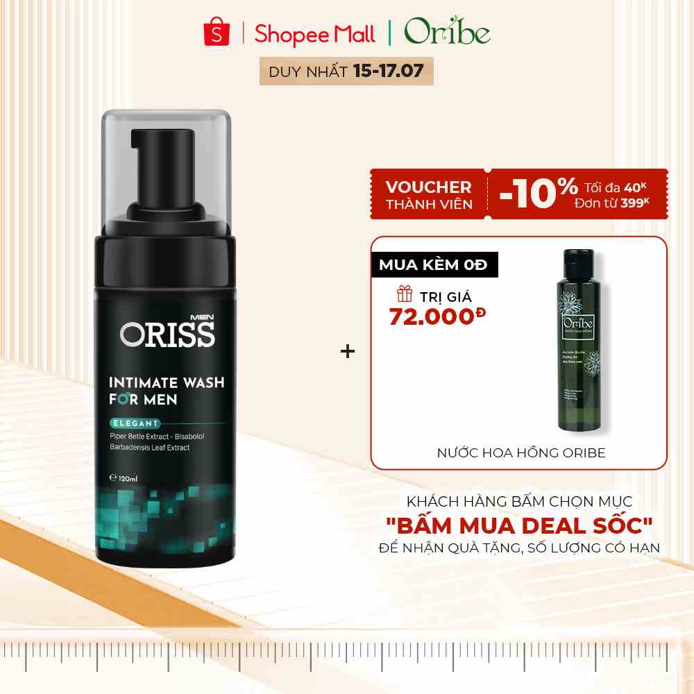 Bọt Vệ Sinh Nam Giới Oriss Elegant Sạch Khuẩn Khử Mùi Không Gây Kích Ứng Mùi Hương Nam Tính 120ml