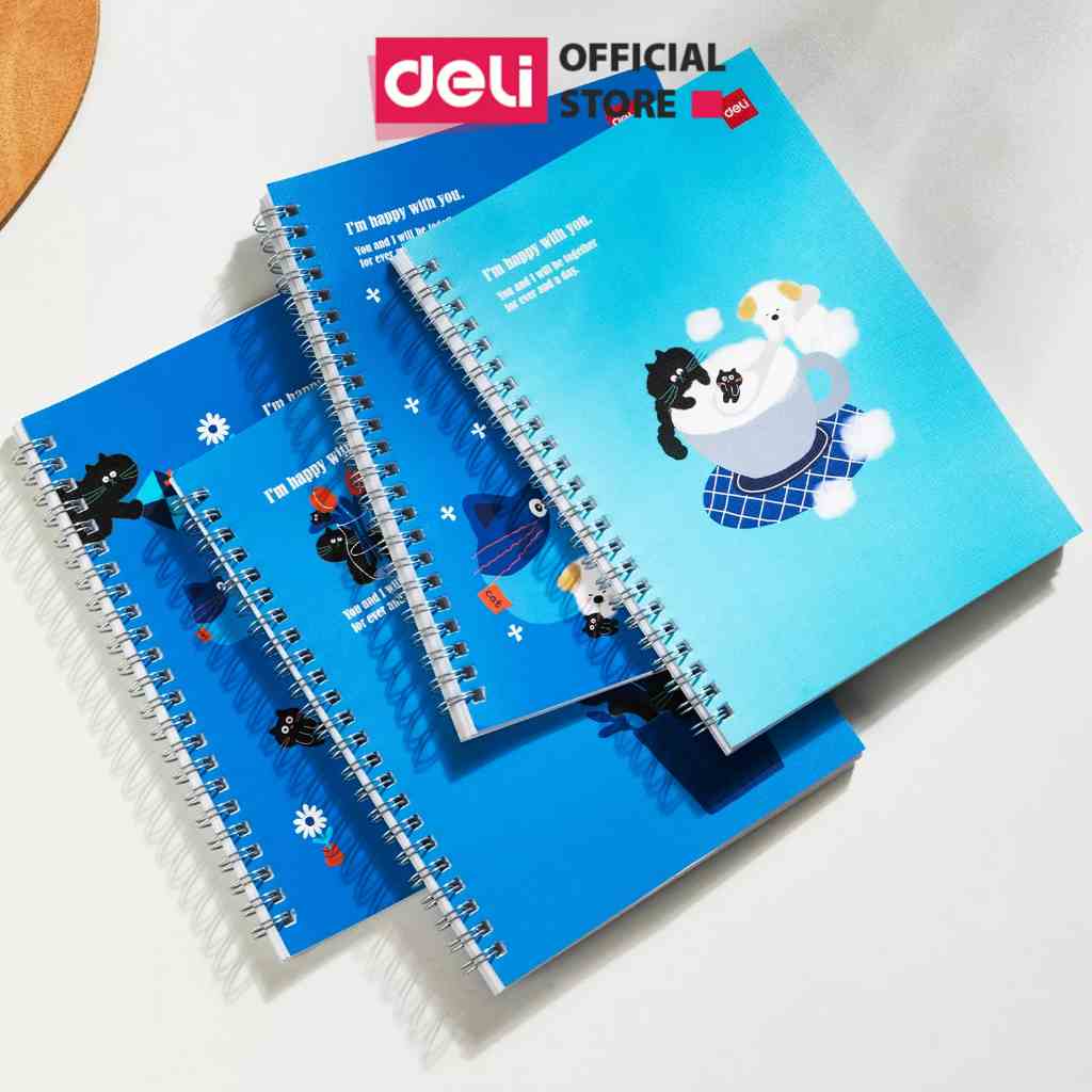 Sổ tay ghi chép A5 kẻ ngang  Deli - 120 trang, 70gsm thiết kế gáy lò xo cùng bìa hoạt hình dễ thương, Màu ngẫu nhiên