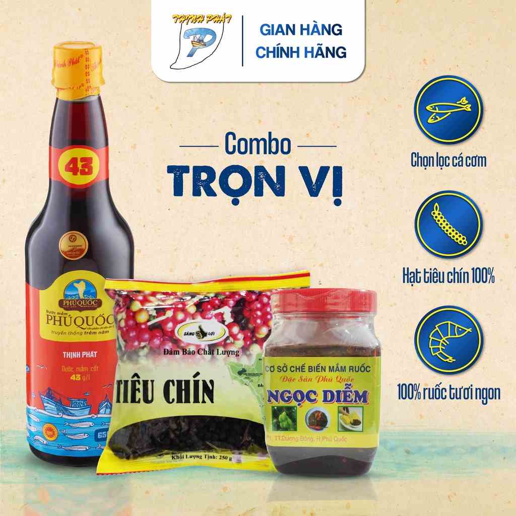 Combo trọn vị 3 món Thịnh Phát tiêu gói 250gr+ mắm ruốc và 1 chai nước mắm An Khang 650ml