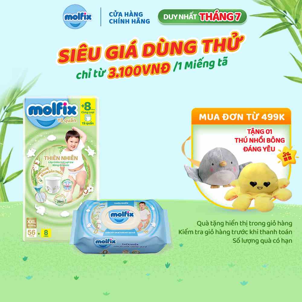 Combo Tã quần Molfix Thiên Nhiên ULTRA XXL56+8 + Khăn ướt Tươi Mát Sạch Sẽ