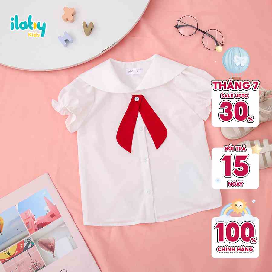 [Tăng 1 size với bảng size] Áo sơ mi bé gái ILABY cổ thuỷ thủ gắn nơ cổ chất liệu thô cotton [22IG1687C3SC]