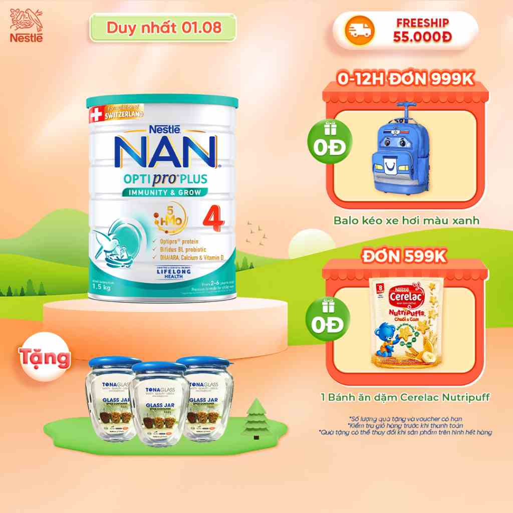 [Tặng Set 3 lọ Thủy Tinh Bảo Quản Gia Vị] Sữa Bột Nestlé NAN OPTIPRO PLUS 4 1500g/lon với 5HMO