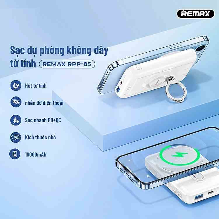 Sạc dự phòng Remax RPP 85 10000mAh. Hỗ trợ không dây, sạc nhanh 22.5W PD+QC