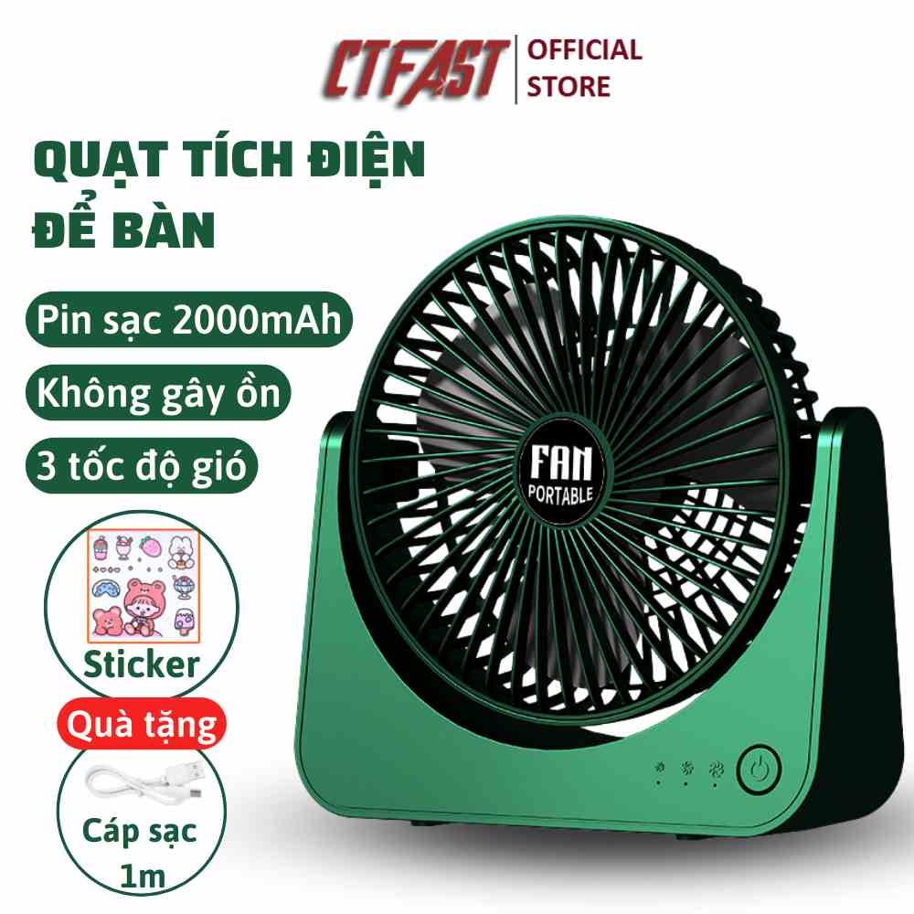 Quạt tích điện để bàn CTFAST V02, quạt mini văn phòng không gây ồn, 3 tốc độ gió, điều chỉnh 270 độ