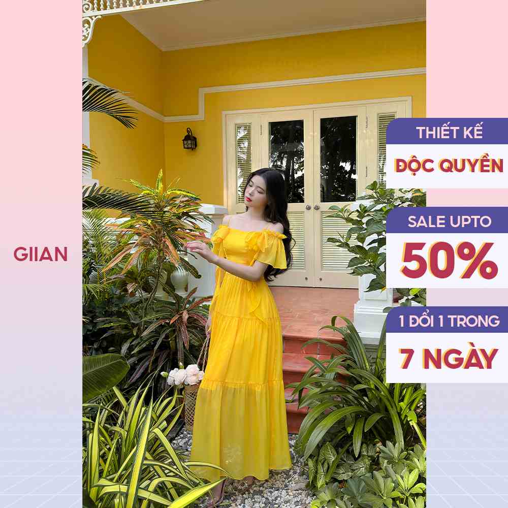 Váy đi biển maxi dáng dài tay bèo đính nơ thương hiệu Giian - VA0171