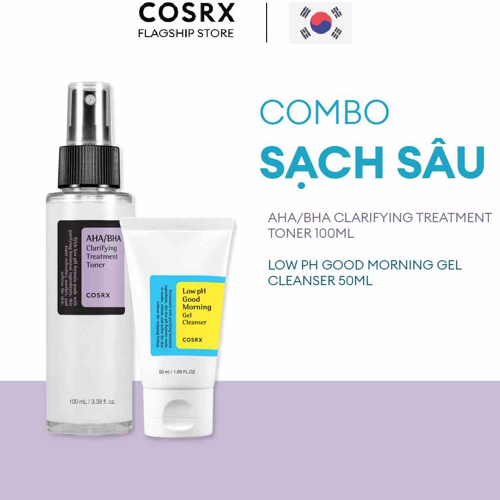 COMBO Gel Rửa Mặt Tràm Trà, 0.5% BHA COSRX Low pH Good Morning Gel Cleanser 50ml và  AHA + BHA 100mL