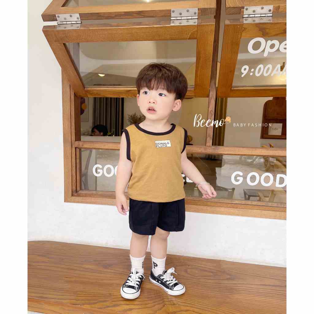 Set bộ ba lỗ Beemo in chữ trước ngực phối hình sau lưng vải cotton thoáng mát, mềm mịn mặc hè cho bé 1 - 7 tuổi 23107B